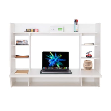 Wall Mount Laptop Office Desk With Shelves, White